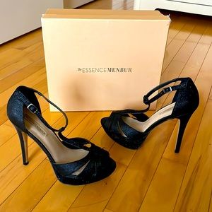 The Essence Menbur Platform Glittery Strapy Black Heels Size 38/8